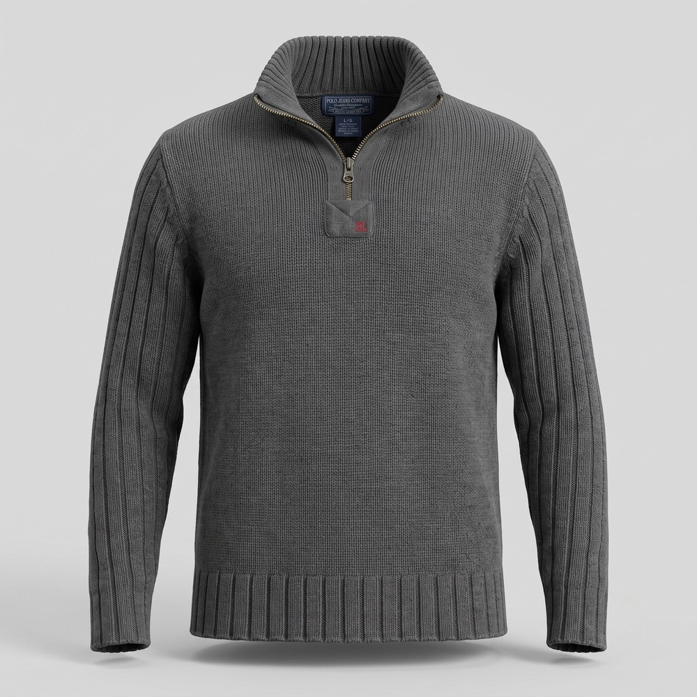 Polo Jeans Co Mens Large Gray Sweater 1/4 Zip Cotton Knit Mock Neck RL Logo